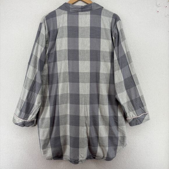VICTORIAS SECRET Sleepshirt L Check Button Front Long Sleeve PJ Top Gray - Picture 3 of 15